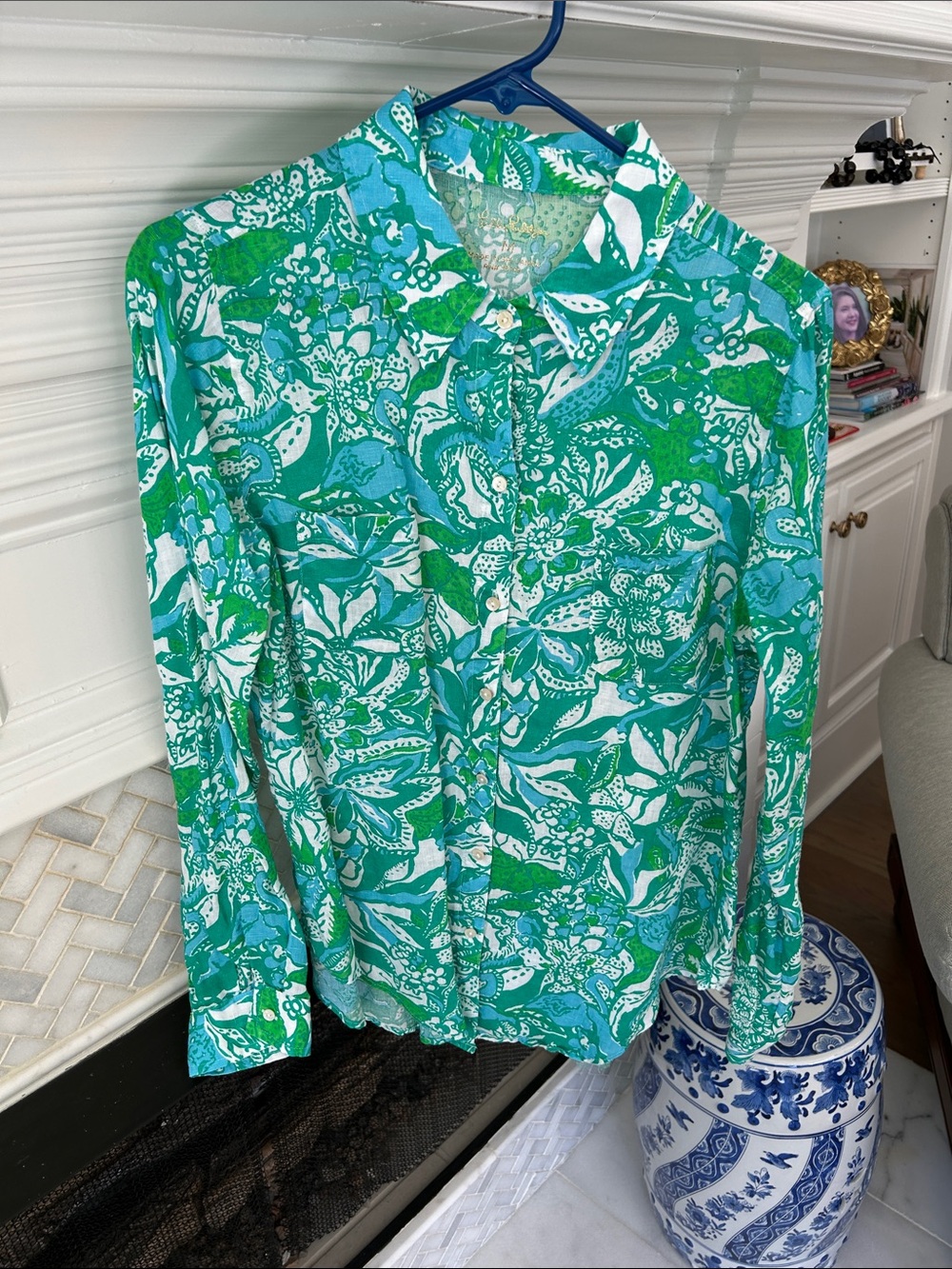 Lilly Pulitzer Sea View Linen Green & Teal Floral Button-Up Shirt